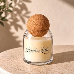 May include: A clear glass candle jar filled with off-white wax, featuring the black text Hearth and Lather printed on the front. The jar is topped with a round, textured brown cork ball lid that sits partially inside the glass opening.