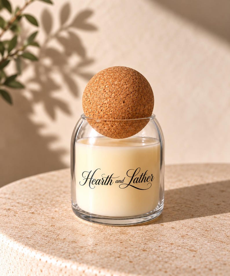 May include: A clear glass candle jar filled with off-white wax, featuring the black text Hearth and Lather printed on the front. The jar is topped with a round, textured brown cork ball lid that sits partially inside the glass opening.