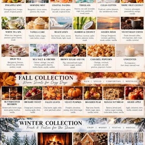 May include: A product catalogue titled Hearth and Lather Fragrance Collection featuring three sections: Everyday, Fall, and Winter. Each section displays various candle scents with corresponding images and ingredient lists for each fragrance.
