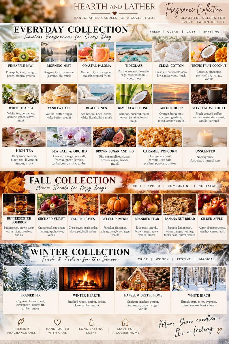May include: A product catalogue titled Hearth and Lather Fragrance Collection featuring three sections: Everyday, Fall, and Winter. Each section displays various candle scents with corresponding images and ingredient lists for each fragrance.