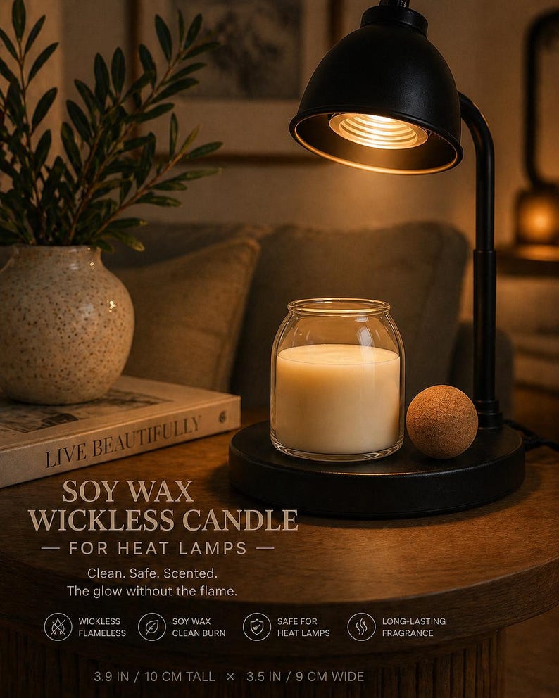 May include: A black metal candle warmer lamp with a downward-facing light bulb, positioned over a clear glass jar containing white soy wax. The base features a small cork sphere. Text reads: SOY WAX WICKLESS CANDLE FOR HEAT LAMPS. Dimensions: 10 cm tall by 9 cm wide.