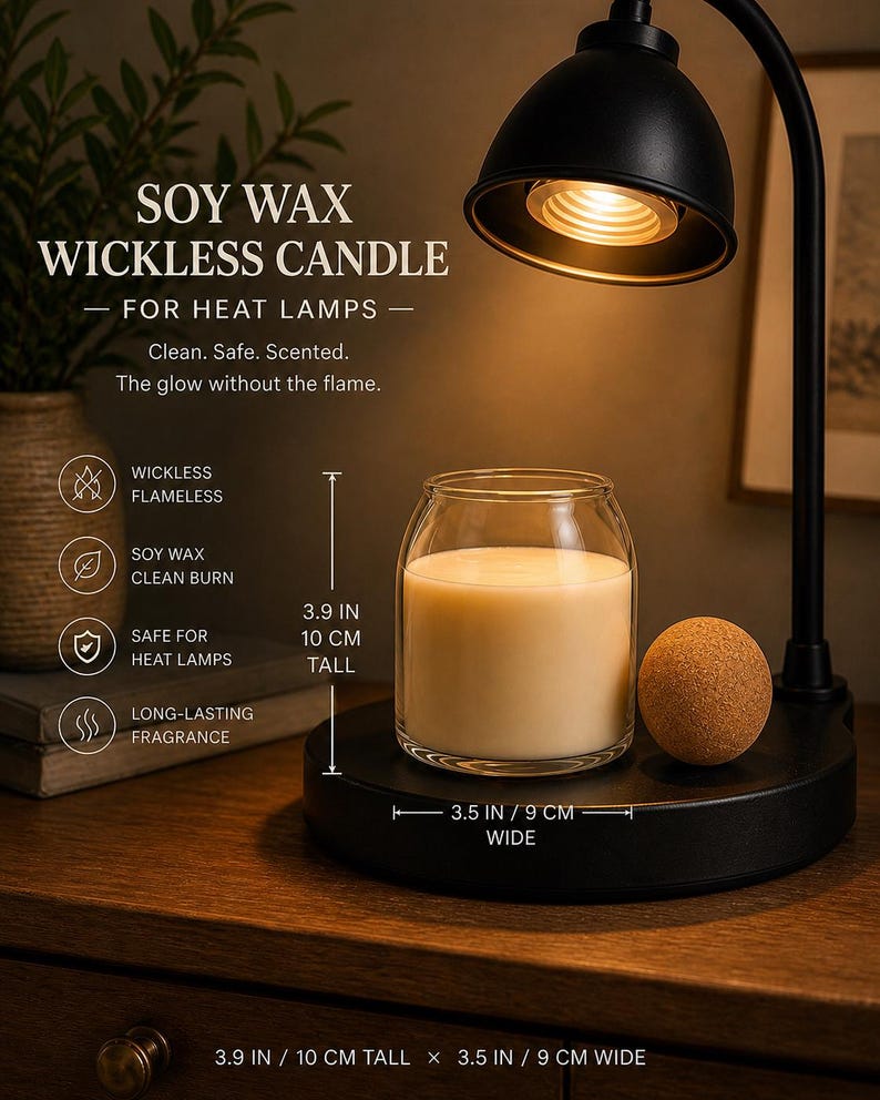 May include: A soy wax wickless candle in a clear glass jar, positioned under a black heat lamp. The candle is 10 cm tall and 9 cm wide. Text on the image reads: SOY WAX WICKLESS CANDLE FOR HEAT LAMPS. Clean. Safe. Scented. The glow without the flame.