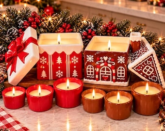 Christmas Candle Gift Set, Gingerbread House Candle, Ceramic Measuring Cup Candles, Holiday Kitchen Decor, Handmade Christmas Gift