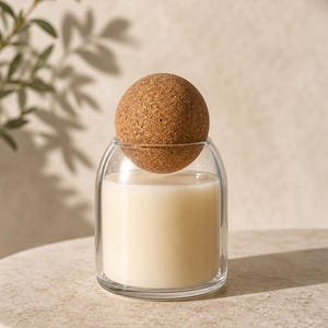 May include: A clear glass candle vessel with a double-walled design containing off-white wax. The container is topped with a spherical, textured brown cork lid that sits partially inside the rim of the glass jar.