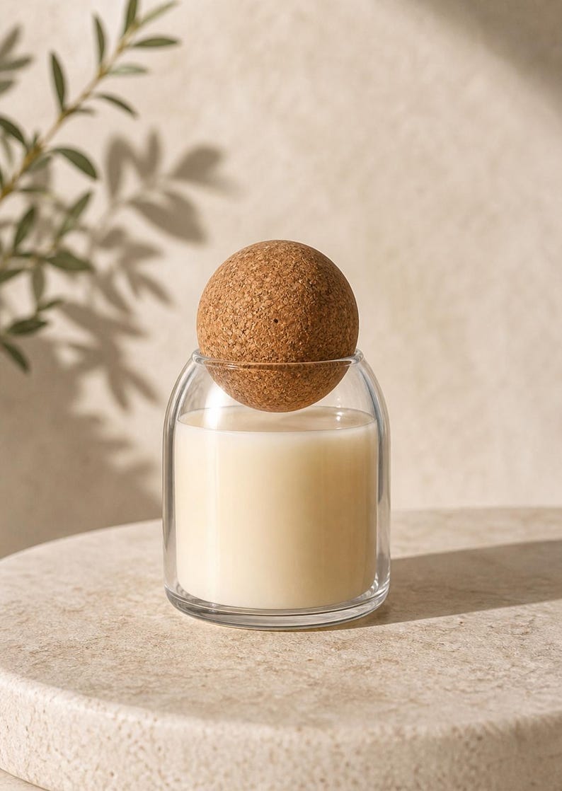 May include: A clear glass candle vessel with a double-walled design containing off-white wax. The container is topped with a spherical, textured brown cork lid that sits partially inside the rim of the glass jar.