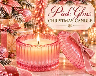May include: A pink glass candle jar with a ribbed design and a matching lid adorned with a pink velvet ribbon and a gold-toned accent. The candle features a single lit wick and is labelled with the text Pink Glass CHRISTMAS CANDLE.