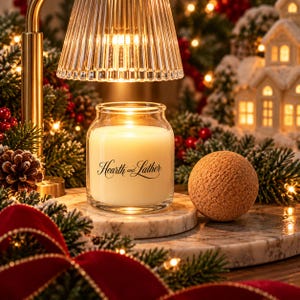 May include: A clear glass candle jar filled with white wax, featuring the black text Hearth and Lather on the front. The candle sits on a round marble base beneath a gold metal lamp with a ribbed glass shade, accompanied by a round cork ball.
