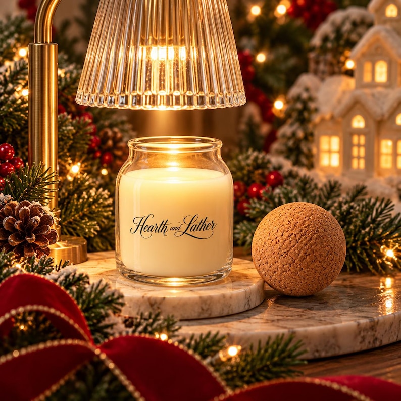 May include: A clear glass candle jar filled with white wax, featuring the black text Hearth and Lather on the front. The candle sits on a round marble base beneath a gold metal lamp with a ribbed glass shade, accompanied by a round cork ball.
