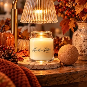 May include: A clear glass candle jar filled with white wax, featuring the black text Hearth and Lather on the front. The candle sits on a round speckled stone base under a ribbed glass lamp shade, accompanied by a textured tan sphere.