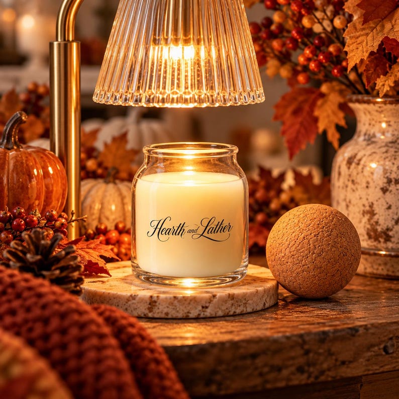 May include: A clear glass candle jar filled with white wax, featuring the black text Hearth and Lather on the front. The candle sits on a round speckled stone base under a ribbed glass lamp shade, accompanied by a textured tan sphere.