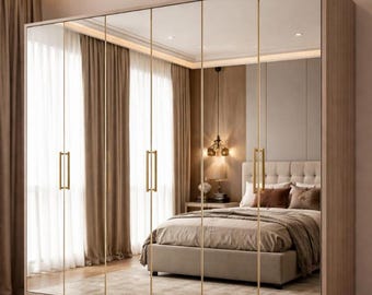 Armario con espejo de 6 puertas, tiradores dorados, 240 cm de capacidad.