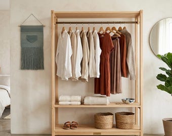 Perchero abierto de madera minimalista, barra de ropa Montessori de madera maciza con estante