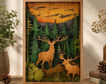 Rustic Deer Forest Layered Wood Wall Art, Handmade Woodland Shadow Box, Cabin Lodge Decor, Nature Lover Gift, Hunting Gift for Dad