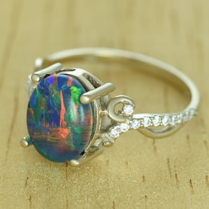 Australian Black Opal Engagement Ring Vintage Vine 18K Gold Pave Diamond Band Opal Ring R3009