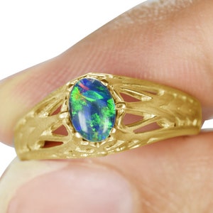 Black Opal Ring Filigree 18K 14K Gold Ring Greek Goddess Cutout Shank Scrolls Opal Engagement Ring Gold Promise Ring R2245