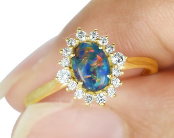 Australian Black Opal Engagement Ring Vintage Diamond Halo 14K 18K Gold Opal Rings for Women Blue Gemstone Ring Libra Birthstone R3024