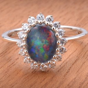Vintage Opal Engagement Ring Halo Black Opals Ring for Women CZ Silver Blue Gemstone Ring Australian Artisan