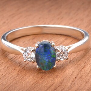 Silver Opal Ring with CZ Three Stone Style Ring Black Opal Engagement Ring Sterling Silver Stack Ring Art Nouveau