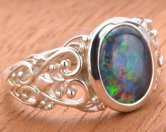 Anello a forma di cuore in opale nero - Fascia in filigrana d'oro 14K 18K, anello australiano fatto a mano R2251