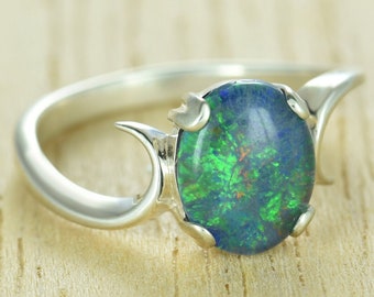 Australian Opal Silver Ring Crecent Silver Ring Aesthetic Ring Black Opal Ring Curvy Shank Sterling Silver Promise Ring R2266-925