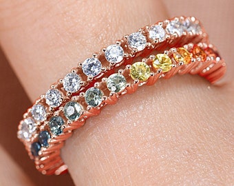 14K Rose Gold Sapphire Wedding Band Stackable Diamond Ring Set Option Rainbow Gemtone Made Engagement Band R3055-RG