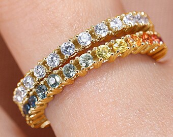 14K Gold Ring Stackable Sapphire Diamond Ring Set Option Rainbow Gemtone Made Yellow Gold Wedding Band R3055-YG