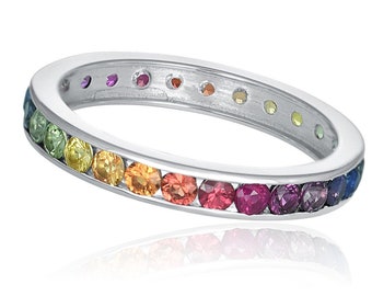 Sapphire Eternity Band Ring 925 Sterling Silver, Natural Gemstone Rainbow Band, Round Cut 2mm Gradual Color