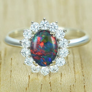 Black Opal Ring Diamond Halo Ring 14K Gold Opal Engagement Ring Australian Opal Engraved Personalized Gold Ring Birthday Gifts for Her R2119