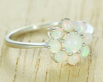 White Opal Lotus Ring Sterling Silver Multi Stone Engagement Ring Australian Fire Opal Promise Jewelry R2321-925
