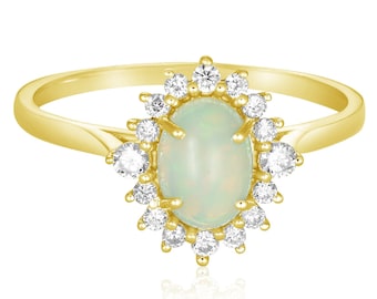 Australian White Opal Engagement Ring – Diamond Halo Opal Ring, 14K 18K Gold Cathedral Shank, Artisan Jewelry R3024W