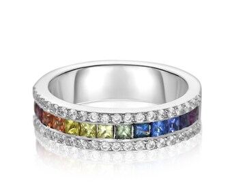 Luxury Gift for Her UNICORN COLOR 14K White Gold Ring Pave Diamond Rainbow Ring 2.0mm Princess Cut Natural Sapphire 0.65 Carats Smart Casual