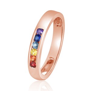 Rose Gold Stackable Gemstone Made Channel Set Ring Minimal Alternative Wedding Band Rainbow Sapphire 2.0mm Round Cut R3059-RG