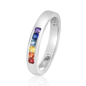 14K White Gold Minimal Wedding Band Rainbow Sapphire Gemstone Made Ring 2.0mm Channel Set Alternative Engagement Ring R3059-WG
