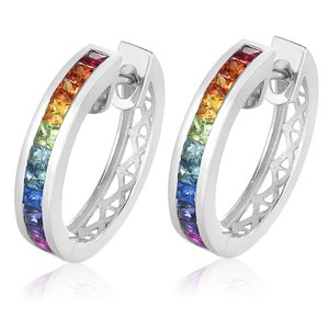 Rainbow Silver Hoop Earrings, Sapphire Medium Huggie Hoops, 2 Carat Minimalist Sapphire Jewelry Australian Artisan Seller