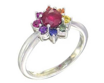 Floral Real Ruby Ring, Ruby Ring for Women, Rainbow Sapphire Flower cluster ring, 18k Solid Gold Ring (1.23ct tw)