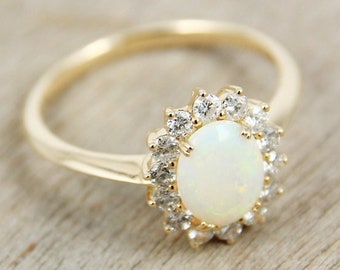 INSTOCK Halo White Opal Ring Diamond Vintage Ring 14K Yellow Gold Ring Size 5 US only Australian Opal Engagement Ring Mother's Day Gifts.