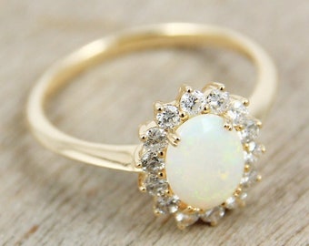 Australian Opal Ring Antique Style Diamond Ring 14K Gold Ring Opal Engagement Ring Personalized Anniversary Gift R2119