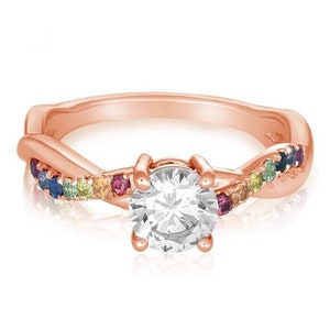 Pink Gold Engagement Ring 14K 18K Infinity Weave Simulated Diamond Natural Rainbow Sapphire Ring in Solid Gold Band SKU: R3034