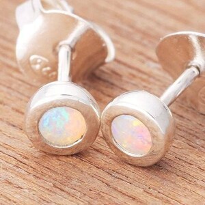 May include: A pair of silver stud earrings with small round opal stones. The earrings have a simple design and are perfect for everyday wear.