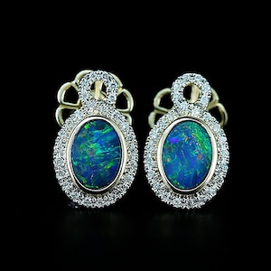 Schwarzer Opal Diamant Infinity Ohrringe Vintage Halo Ästhetische Ohrstecker 14K Gold Opal Ohrstecker E1879