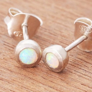 Pastel Sky Stud Earrings Sterling Silver Austalian White Opal Iridescent 0.17 Carat Bezel Set Starry Earring Studs E1939A073-925