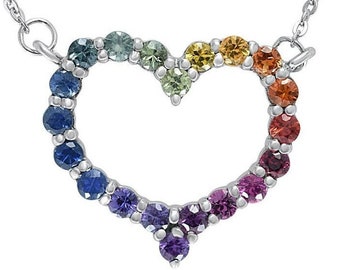 Rolo Chain Rainbow Heart Silver Necklace Genuine Rainbow Sapphire Promise Gift Birthday Present for Her