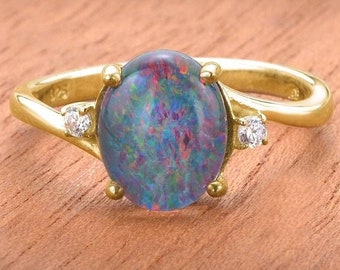 Large Opal Gold Ring Black Opal Statement Ring Australian Oval Opal Ring with Diamonds in 18K 14K Gold