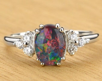 Black Opal Engagement Ring Sterling Silver Coober Pedy Opal Triplet CZ Cluster Happy Mother&#39;s Day