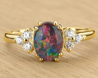 Australian Black Opal Engagement Ring, 0.18ct Genuine Diamonds & 8x6mm Rare Coober Pedy Triplet Ring, 14K Solid Gold Multi Gemstone Ring