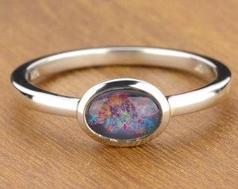 INSTOCK Australian Black Opal Ring Silver Bezel Set Opal Triplet Ring Square Band 7x5-EW-925Triplet
