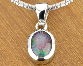 Sterling Silver Black Opal Pendant Thin Rolo Necklace Solitaire Australian Opal Triplet P7x5-Triplet-925