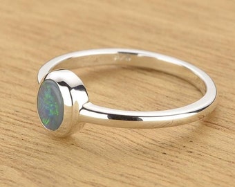 Light Blue Opal Iridescent Stackable Ring Boho Silver Ring Minimal Bezel Size 7US only 0.71 Carat Australian Opal R1979S016-925