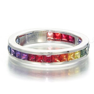 Natural Sapphire Eternity band Women, Statement Sapphire Ring in 18k White Gold (3ct tw), Rainbow Sapphire Channel Set Ring