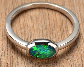 INSTOCK Australian Black Opal Sterling Silver Ring East West Oval Opal Doublet Ring Minimal Unisex Style